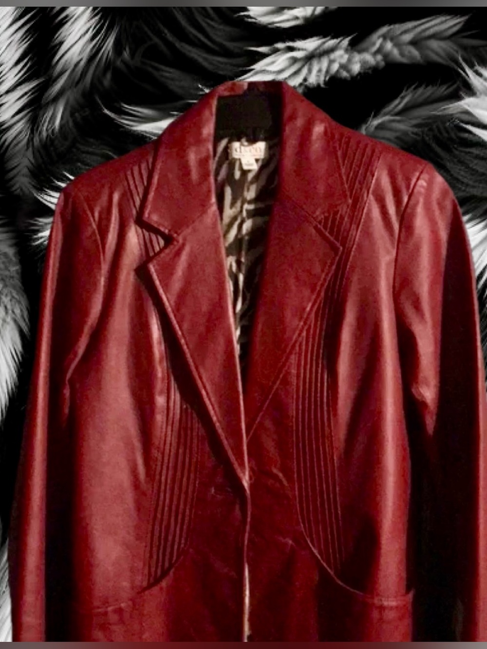 Denim&Co Genuine Leather Claret Pintuck Blazer Jacket with Zebra Print Lining